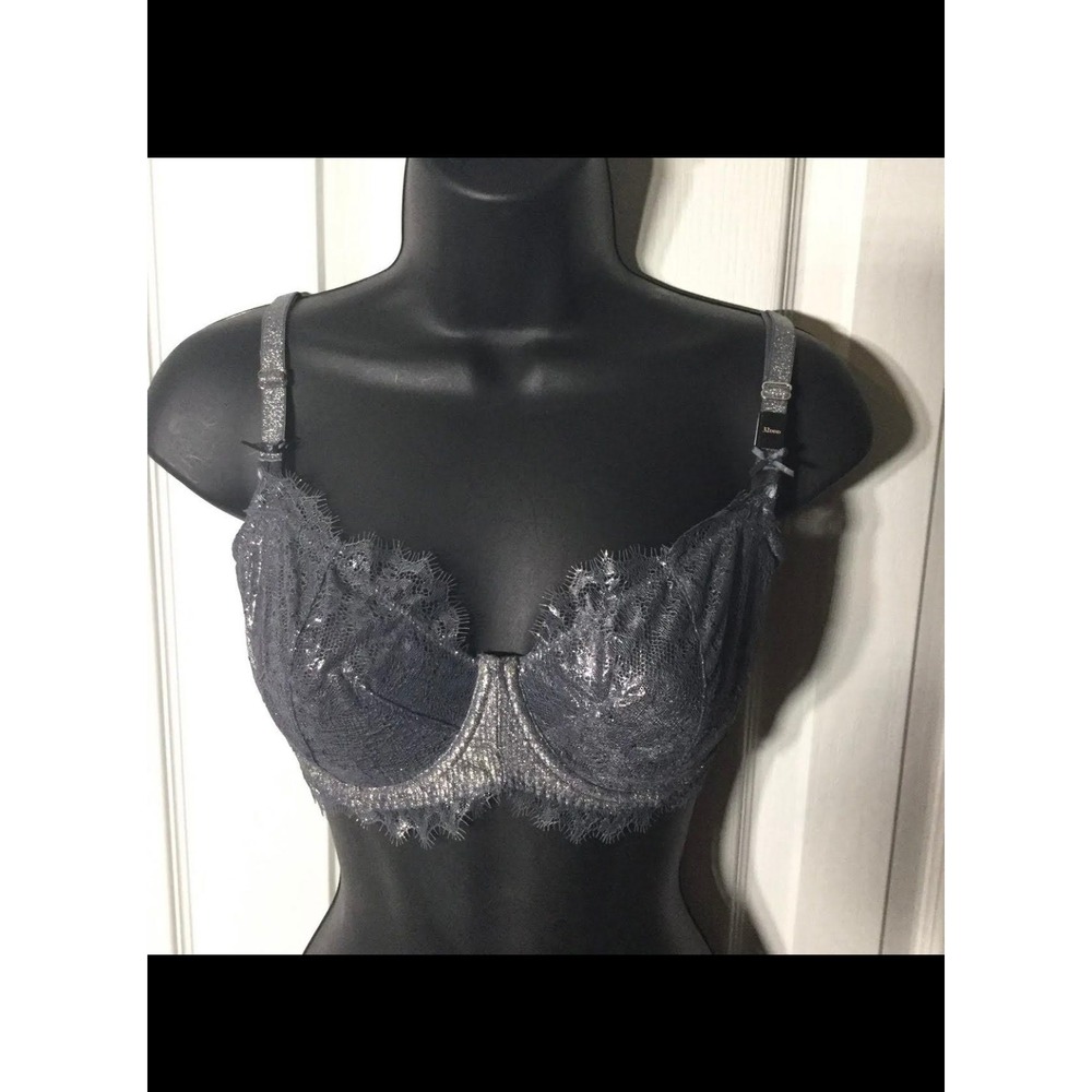 Victorias Secret Dream Angels Silver Metallic Lace Demi Bra Slate Blue 32DDD